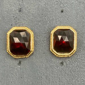 Pierced Earrings Gold Ruby Red Faceted Octagon Rectangle Rhinestone Rope Retro